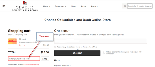 Gift Card Example Email Redeeming Charles Collectibles and Books Image