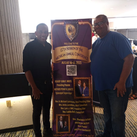 Actor, author and activist Hill Harper  and Charles Young owner of Charles Collectibles and Books LLC at  the 137 Annual Michigan AME Church Conference